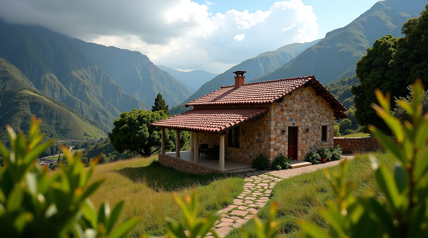 Casa rural de piedra con techo tradicional rodeada de campos verdes en las montañas del Valle Sagrado